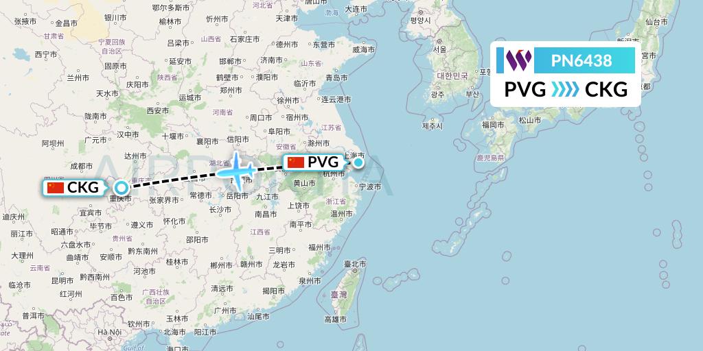 PN6438 China West Air Flight Map: Shanghai to Chongqing