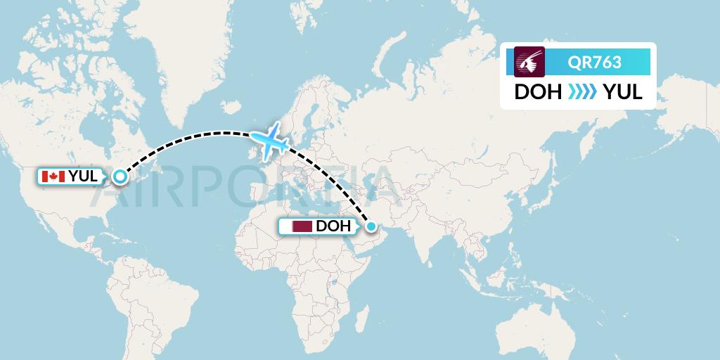 QR763 Qatar Airways Flight Map: Doha to Montreal