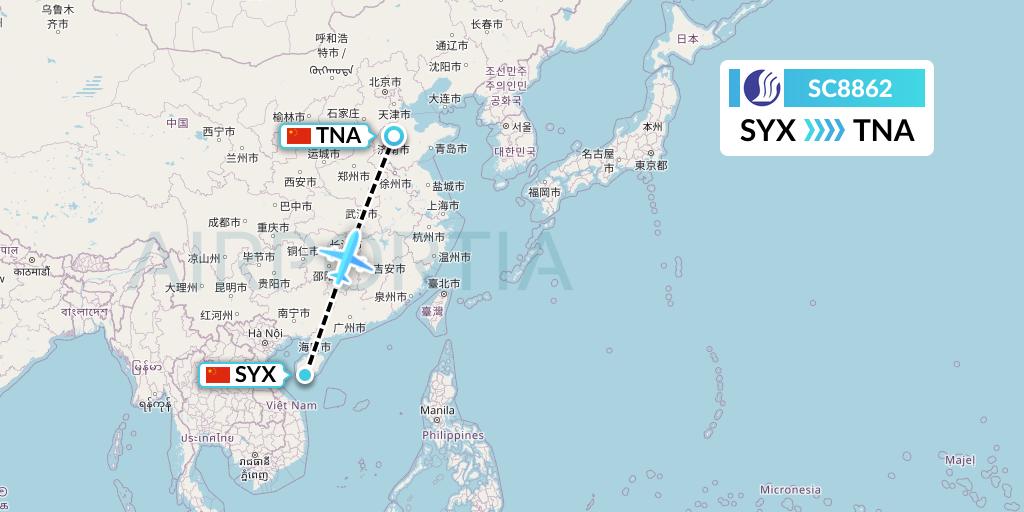 SC8862 Shandong Airlines Flight Map: Sanya to Jinan