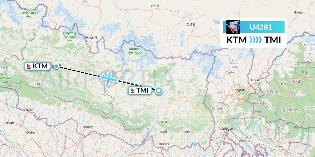 U4281 Buddha Air Flight Map: Kathmandu to Tumling Tar