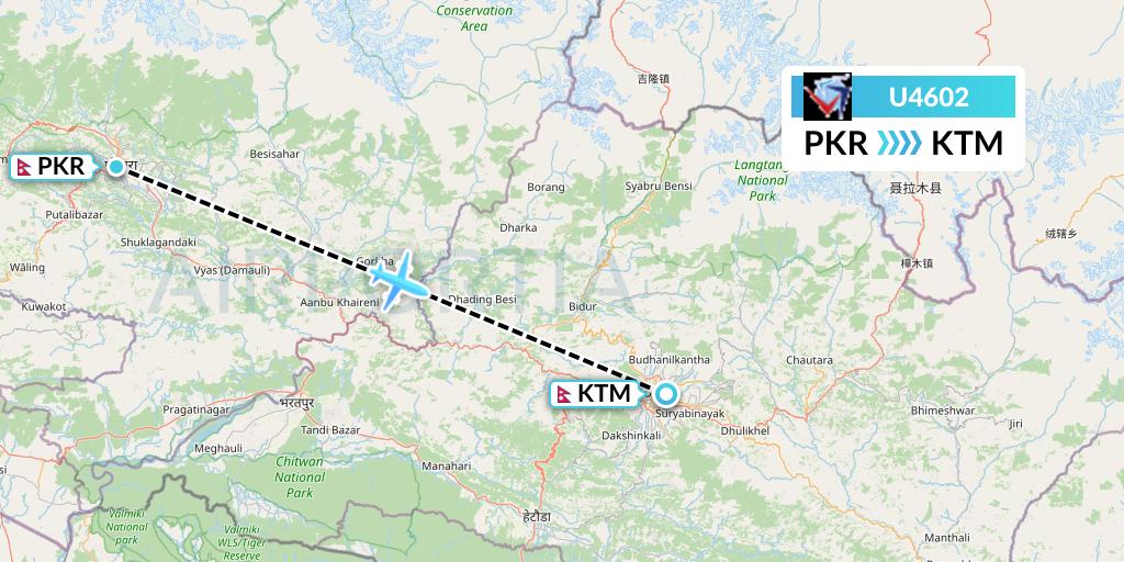 U4602 Buddha Air Flight Map: Pokhara to Kathmandu