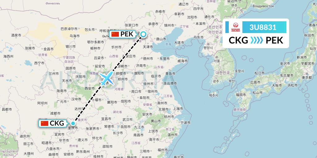 3U8831 Sichuan Airlines Flight Map: Chongqing to Beijing