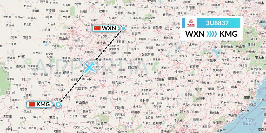 3U8837 Sichuan Airlines Flight Map: Wanzhou to Kunming