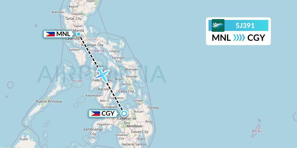 5J391 CEBU Pacific Air Flight Map: Manila to Cagayan de Oro