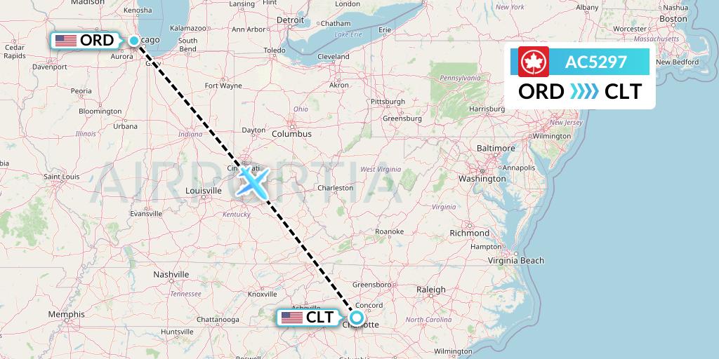 AC5297 Air Canada Flight Map: Chicago to Charlotte