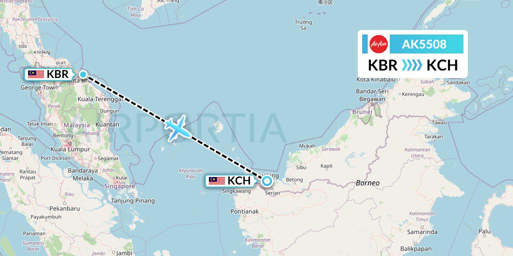 AK5508 AirAsia Flight Map: Kota Bharu to Kuching