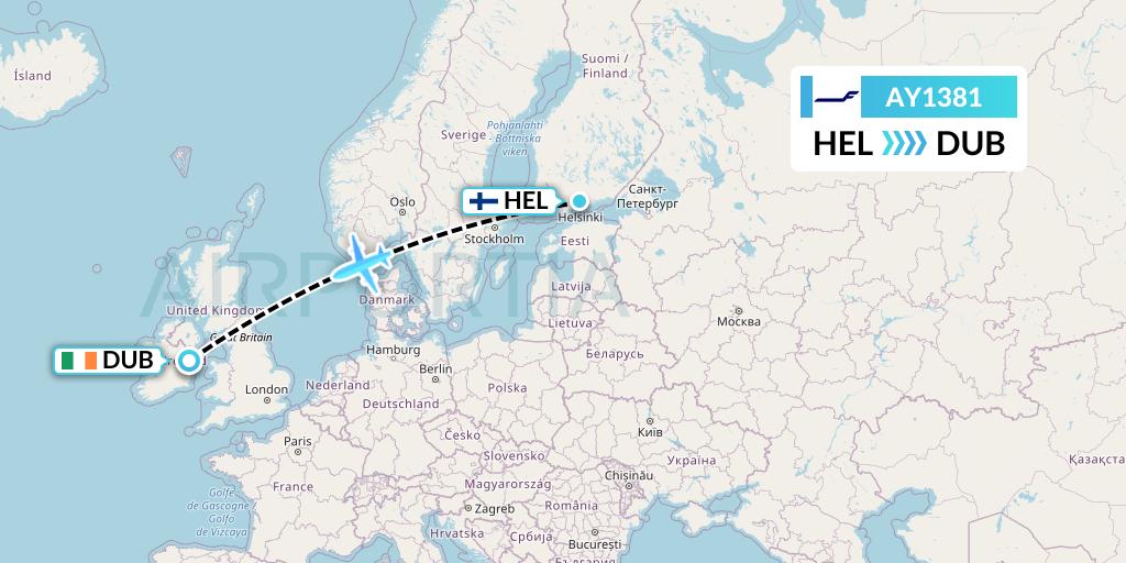 AY1381 Finnair Flight Map: Helsinki to Dublin