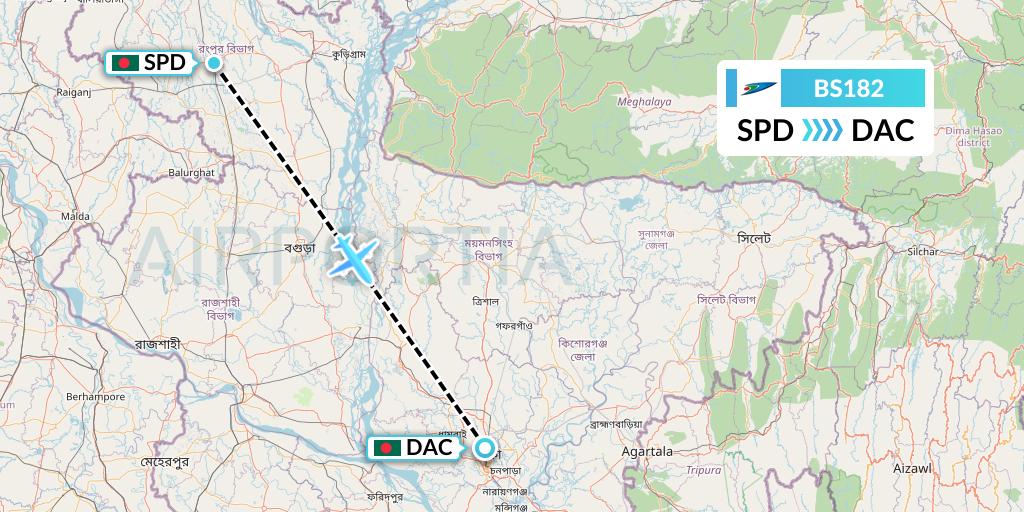 BS182 US-Bangla Airlines Flight Map: Saidpur to Dhaka