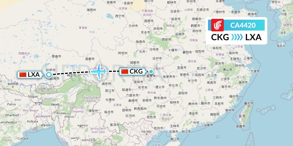 CA4420 Air China Flight Map: Chongqing to Lhasa