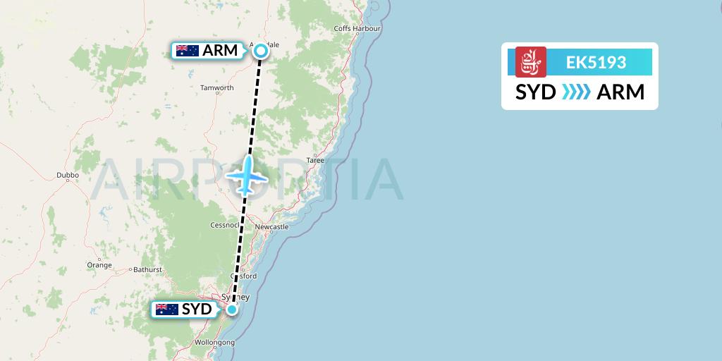 EK5193 Emirates Flight Map: Sydney to Armidale