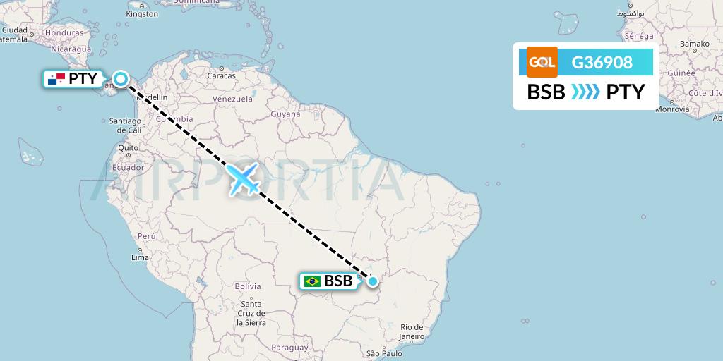 G36908 GOL Transportes Aeros Flight Map: Brasilia to Panama City