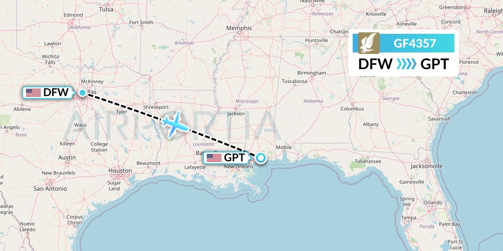GF4357 Gulf Air Flight Map: Dallas to Gulfport