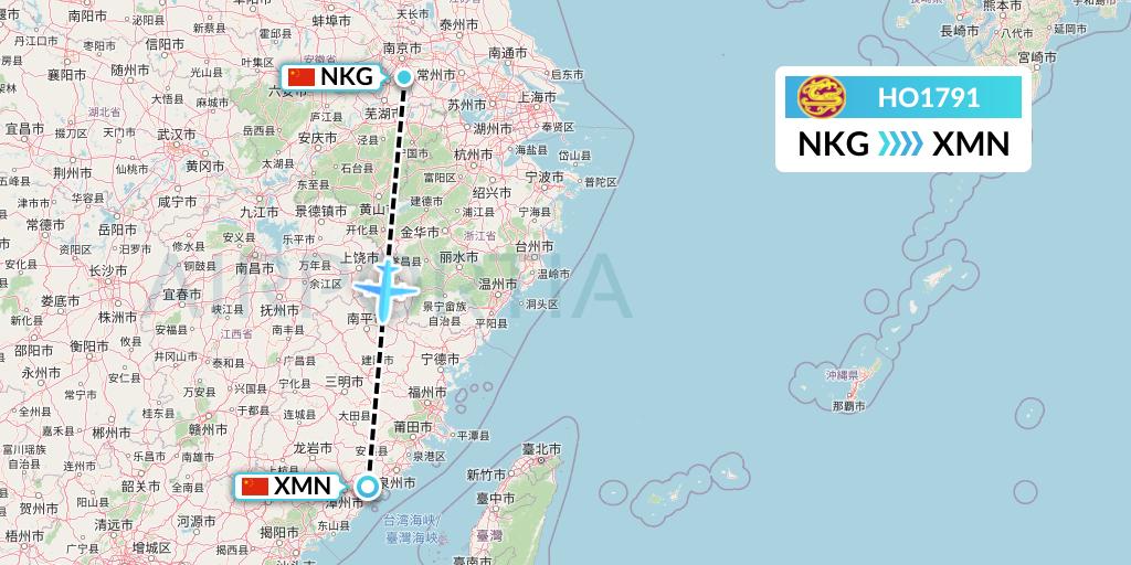 HO1791 Juneyao Airlines Flight Map: Nanjing to Xiamen