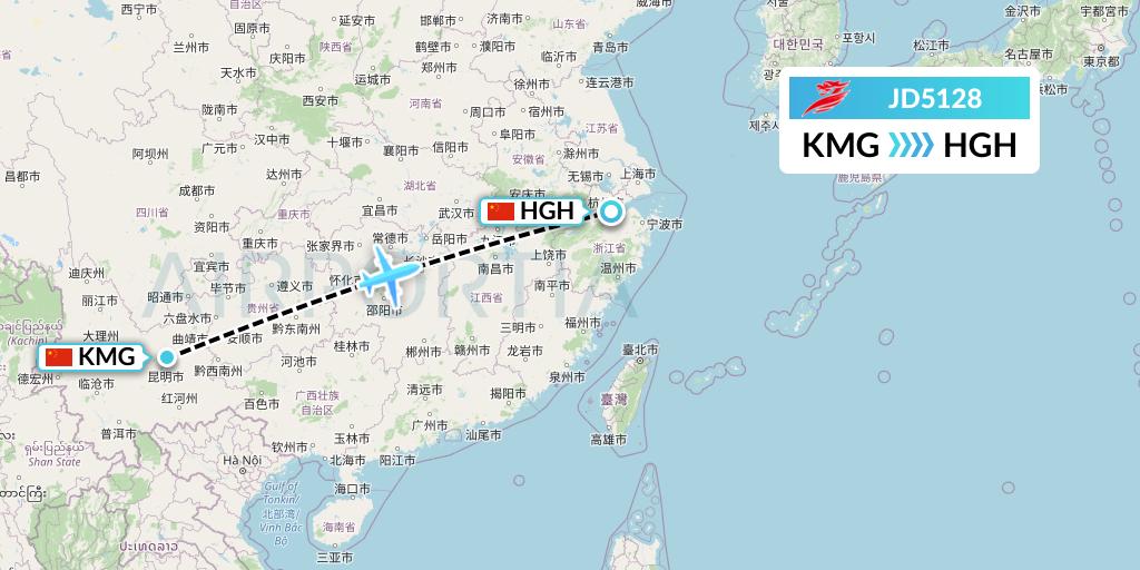 JD5128 Capital Airlines Flight Map: Kunming to Hangzhou