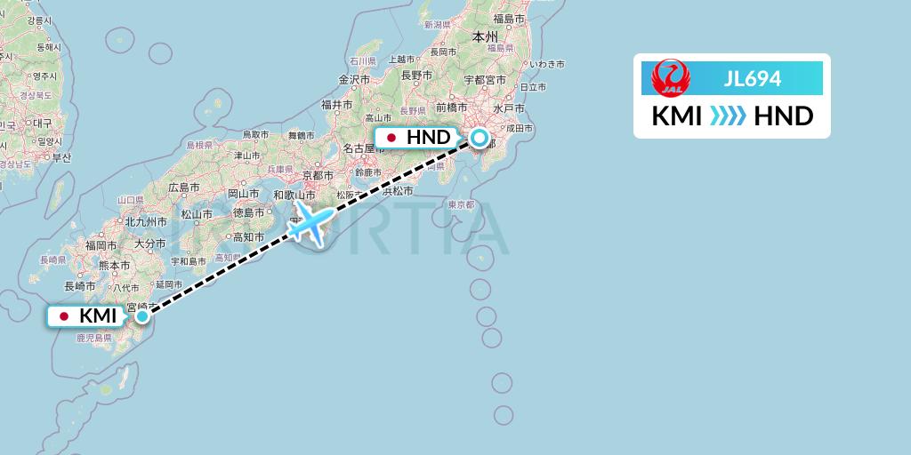 JL694 Japan Airlines Flight Map: Miyazaki to Tokyo