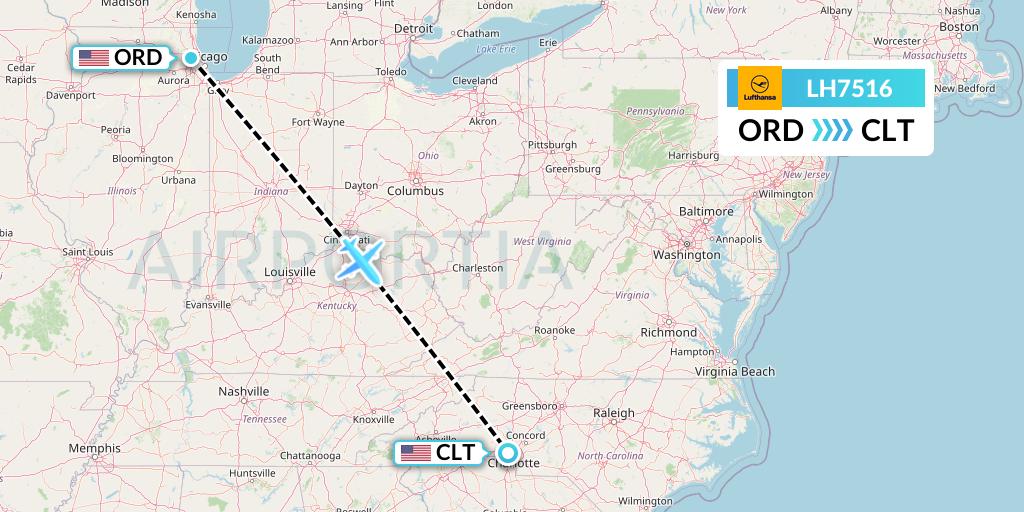 LH7516 Lufthansa Flight Map: Chicago to Charlotte