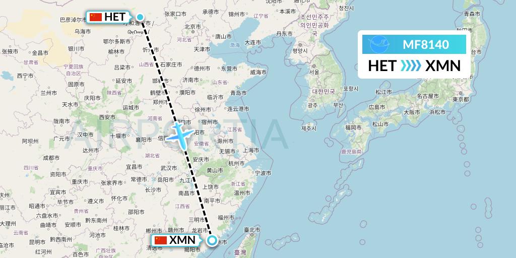 MF8140 Xiamen Airlines Flight Map: Hohhot to Xiamen