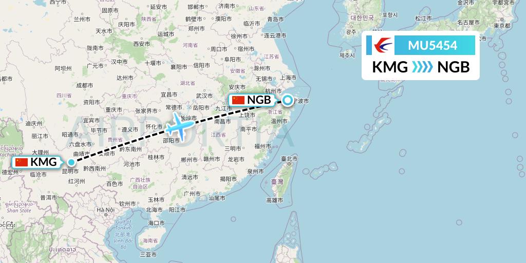 MU5454 China Eastern Airlines Flight Map: Kunming to Ningbo