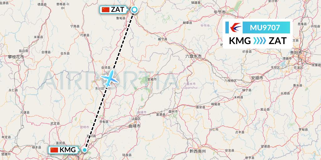 MU9707 China Eastern Airlines Flight Map: Kunming to Zhaotong