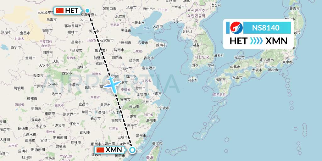 NS8140 Hebei Airlines Flight Map: Hohhot to Xiamen