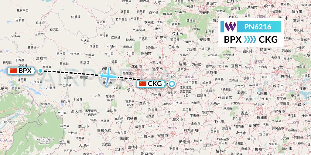PN6216 China West Air Flight Map: Bangda to Chongqing