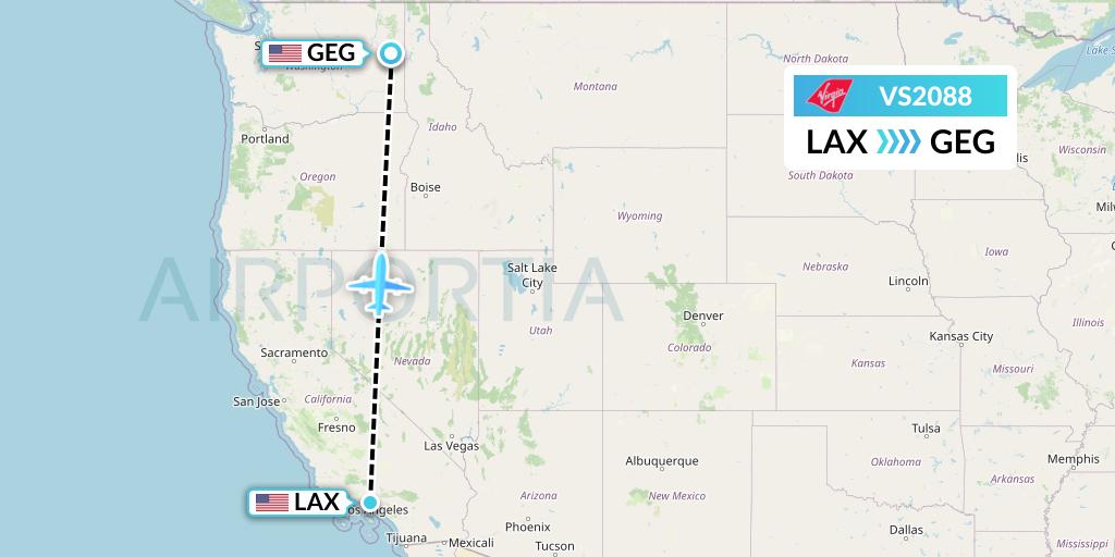 VS2088 Virgin Atlantic Airways Flight Map: Los Angeles to Spokane