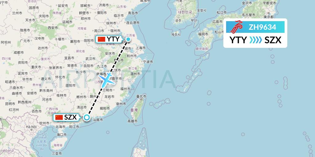 ZH9634 Shenzhen Airlines Flight Map: Yangzhou to Shenzhen
