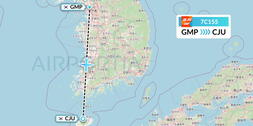 7C155 Jeju Air Flight Map: Seoul to Jeju
