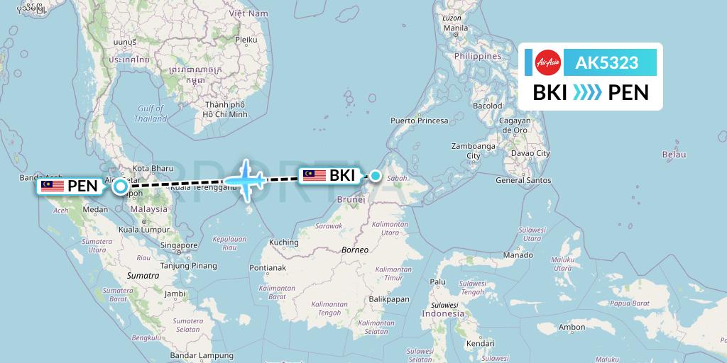 AK5323 AirAsia Flight Map: Kota Kinabalu to Penang