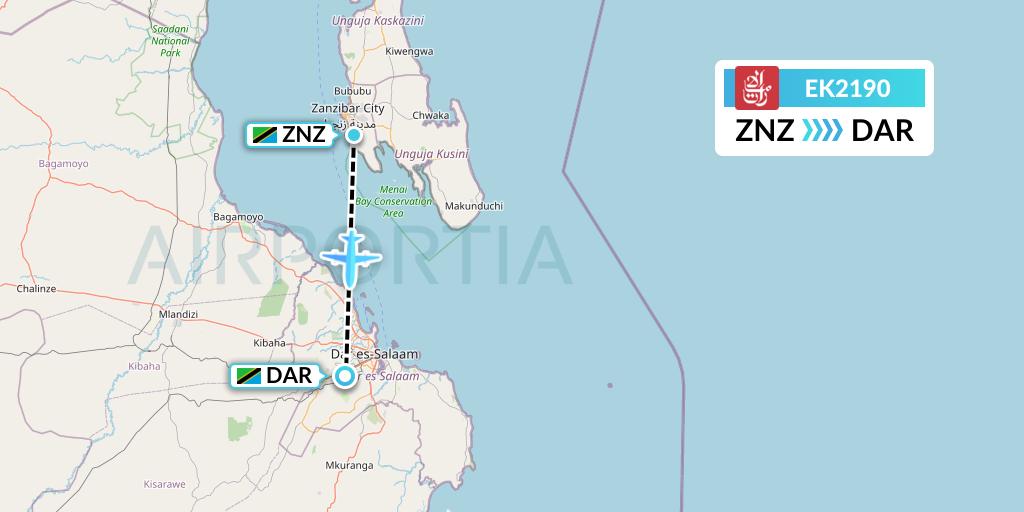 EK2190 Emirates Flight Map: Zanzibar to Dar-es-Salaam