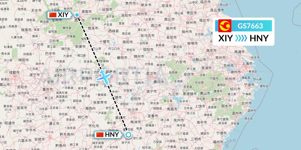 GS7663 Tianjin Airlines Flight Map: Xi'an to Hengyang