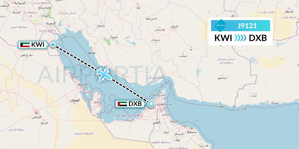 J9121 Jazeera Airways Flight Map: Kuwait City to Dubai