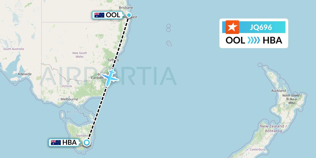 JQ696 Jetstar Airways Flight Map: Gold Coast to Hobart