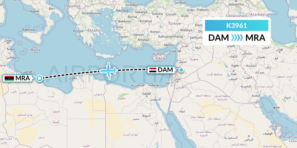 K3961 Taquan Air Flight Map: Damascus to Misrata