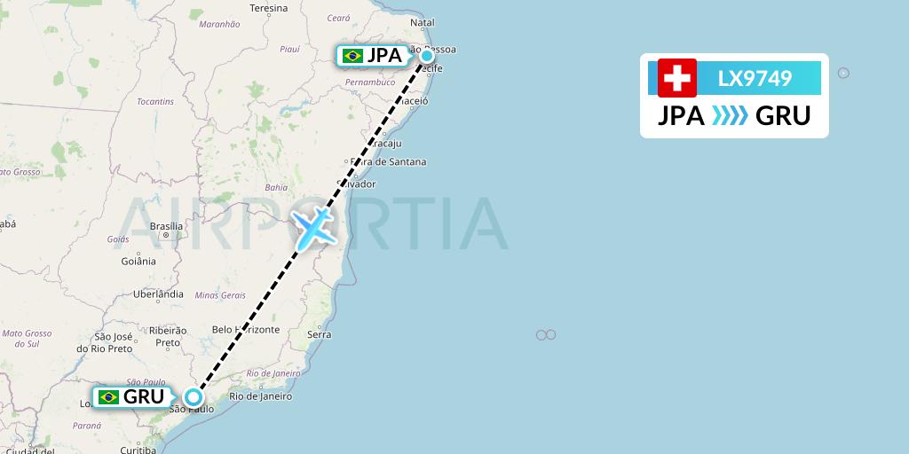 LX9749 Swiss Flight Map: Joao Pessoa to Sao Paulo