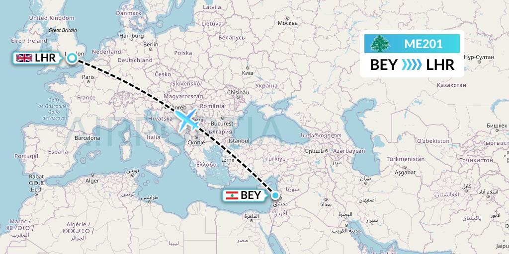 ME201 MEA Flight Map: Beirut to London