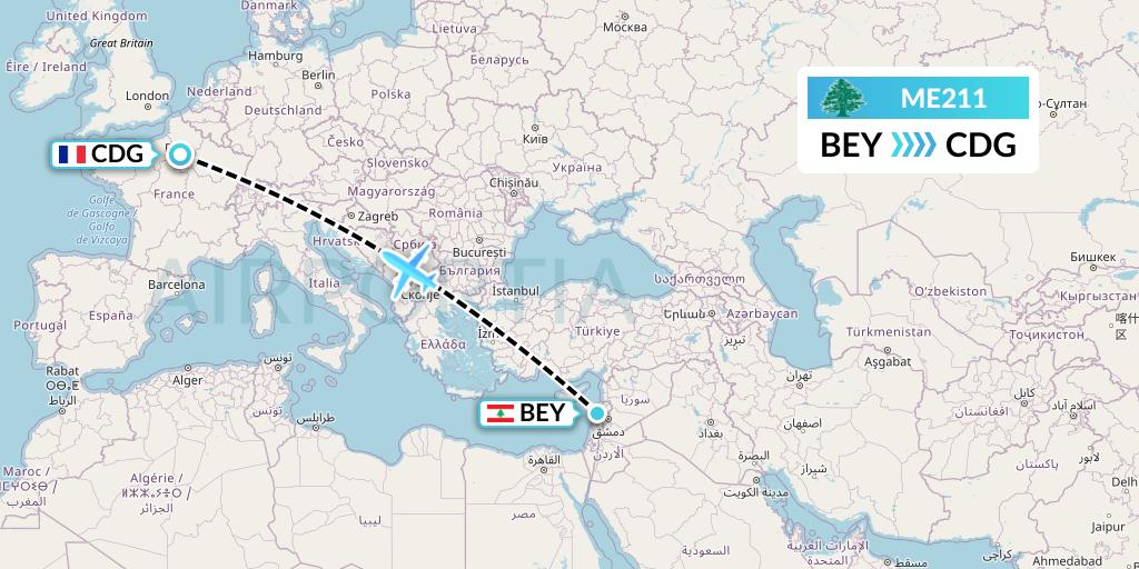 ME211 MEA Flight Map: Beirut to Paris