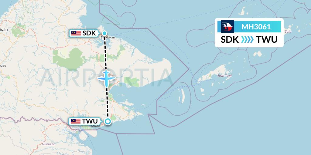 MH3061 Malaysia Airlines Flight Map: Sandakan to Tawau
