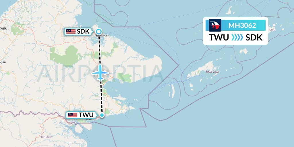 MH3062 Malaysia Airlines Flight Map: Tawau to Sandakan