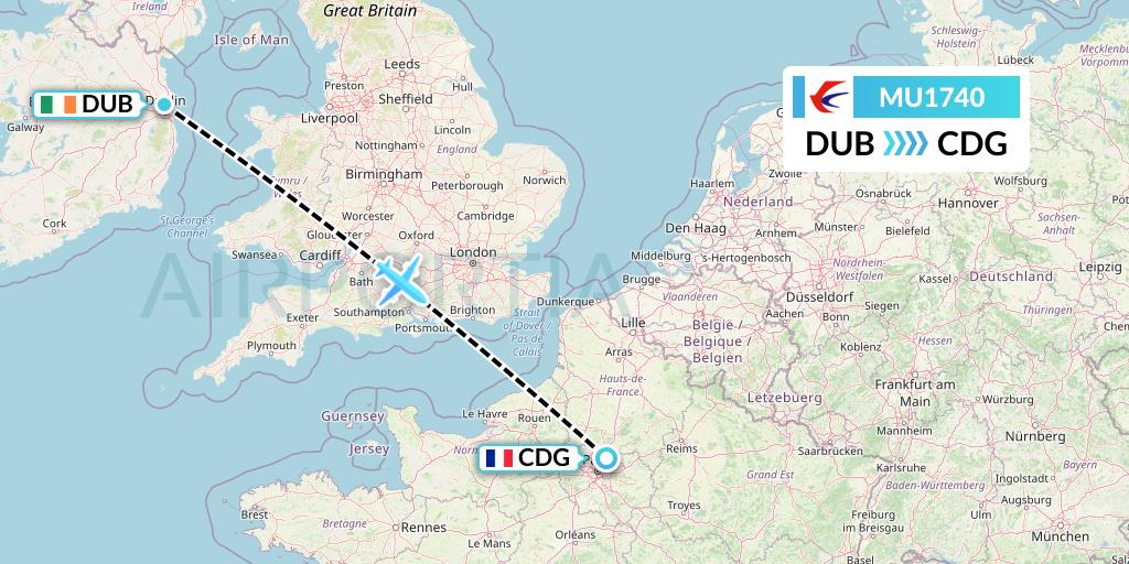 MU1740 China Eastern Airlines Flight Map: Dublin to Paris