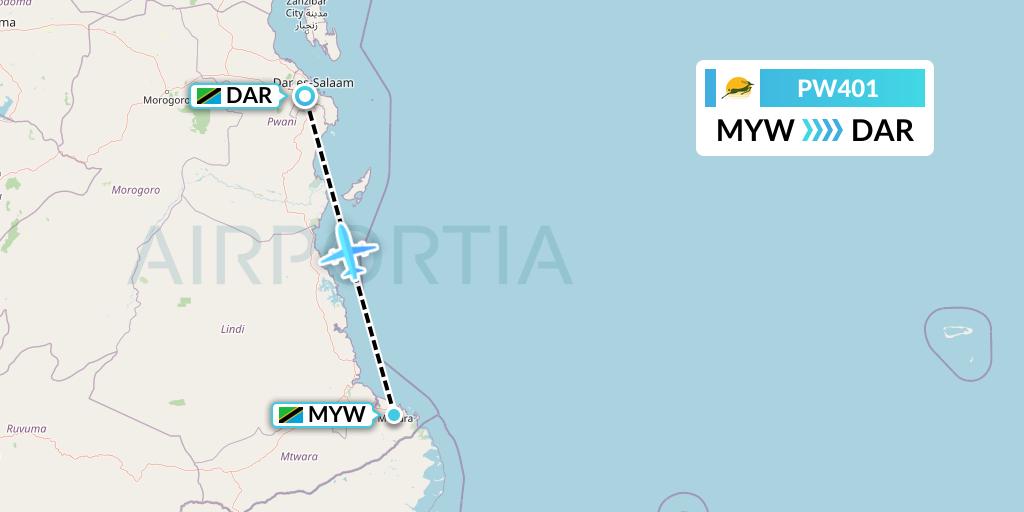 PW401 Precision Air Flight Map: Mtwara to Dar-es-Salaam