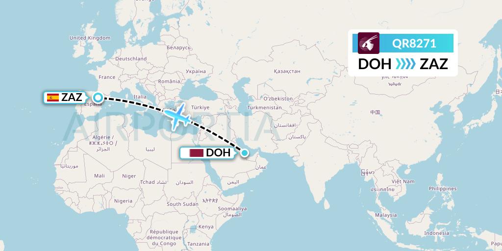 QR8271 Qatar Airways Flight Map: Doha to Zaragoza