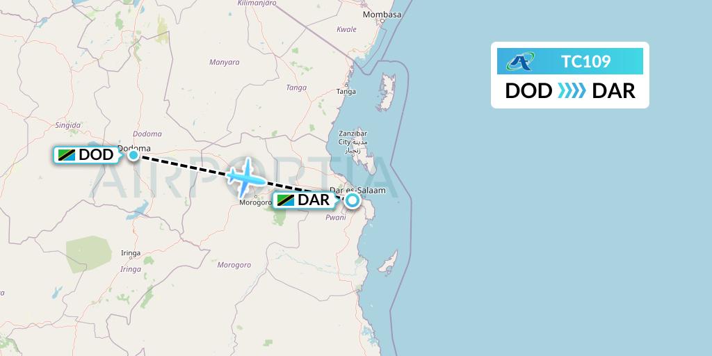 TC109 Air Tanzania Flight Map: Dodoma to Dar-es-Salaam