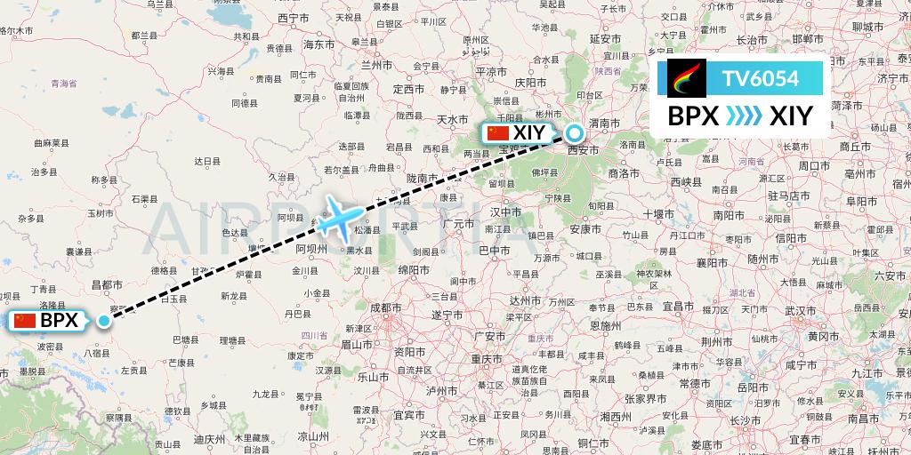 TV6054 Tibet Airlines Flight Map: Bangda to Xi'an