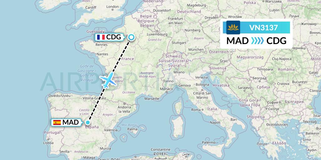 VN3137 Vietnam Airlines Flight Map: Madrid to Paris