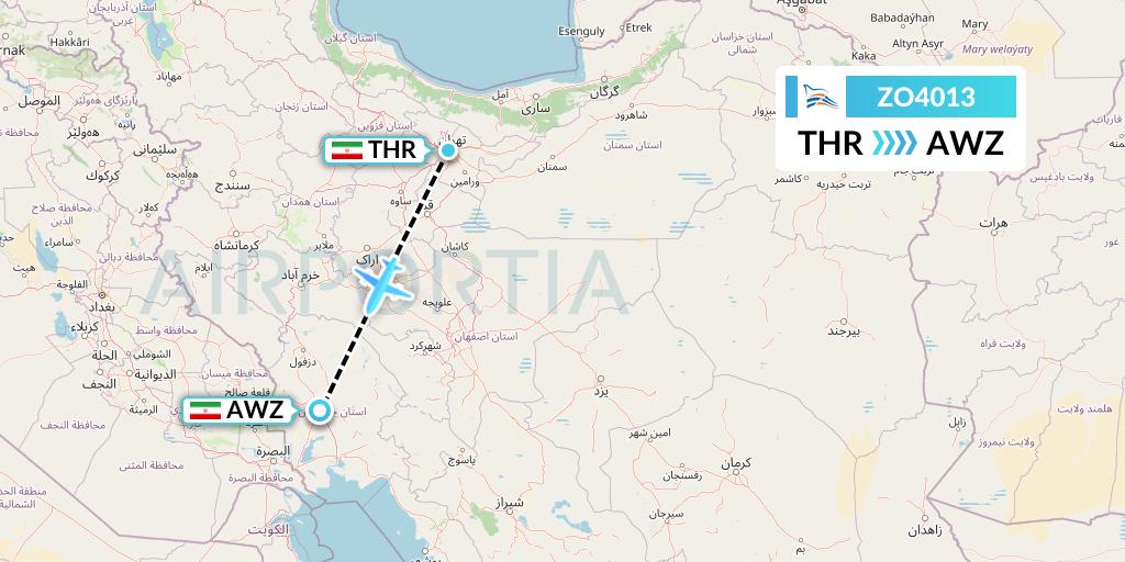 ZO4013 Zagros Airlines Flight Map: Tehran to Ahvaz