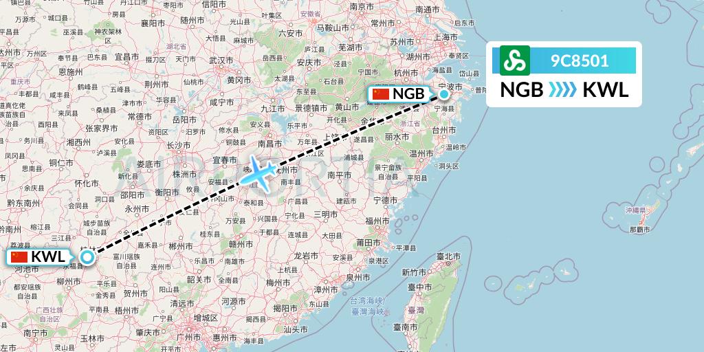 9C8501 Spring Airlines Flight Map: Ningbo to Guilin