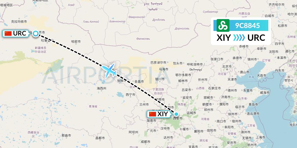 9C8845 Spring Airlines Flight Map: Xi'an to Urumqi