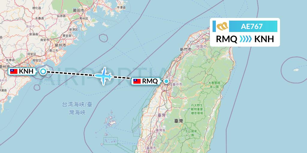 AE767 Mandarin Airlines Flight Map: Taichung to Kinmen