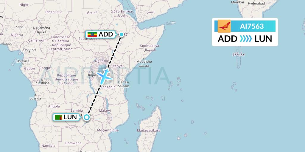 AI7563 Air India Flight Map: Addis Ababa to Lusaka
